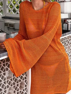 Best Women's Swimwear Cover Up Swim Dress Swimsuit Cut Out Vacation Beach Wear Plain Long Sleeve Bathing Suits Women Cover Up