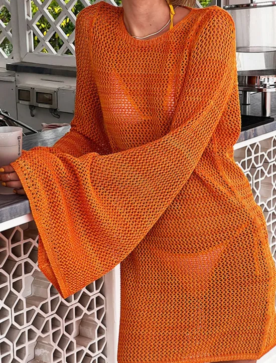 Best Women's Swimwear Cover Up Swim Dress Swimsuit Cut Out Vacation Beach Wear Plain Long Sleeve Bathing Suits Women Cover Up