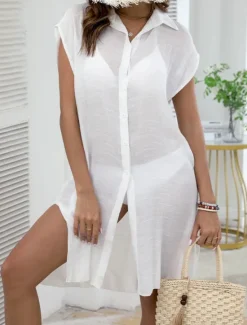 Sale Women's Swimwear Cover Up Swim Dress Swimsuit Buttons Vacation Beach Wear Solid Color V Neck Short Sleeves Bathing Suits Women Cover Up