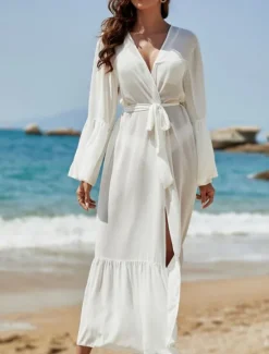 New Women's Swimwear Cover Up Swim Dress Swimsuit Tie Front Vacation Beach Wear Plain Long Sleeve Bathing Suits Women Cover Up