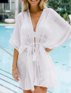 Online Women's Swimwear Cover Up Swim Dress Swimsuit Tie Front Vacation Beach Wear Solid Color V Neck Long Sleeve Bathing Suits Women Cover Up