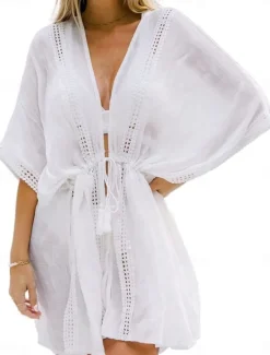 Online Women's Swimwear Cover Up Swim Dress Swimsuit Tie Front Vacation Beach Wear Solid Color V Neck Long Sleeve Bathing Suits Women Cover Up