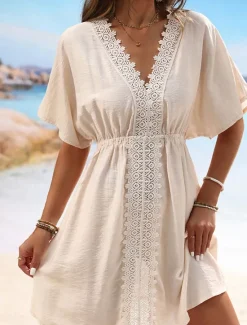 Women's Swimwear Cover Up Beach Dresses Swimsuit Lace Vacation Beach Wear Solid Color V Neck Short Sleeves Women Cover Up