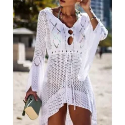 Hot Women's Swimwear Cover Up Beach Dresses Swimsuit High Waist Slim Vacation Beach Wear Solid Color V Neck Long Sleeve Women Cover Up