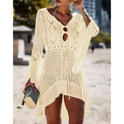 Hot Women's Swimwear Cover Up Beach Dresses Swimsuit High Waist Slim Vacation Beach Wear Solid Color V Neck Long Sleeve Women Cover Up