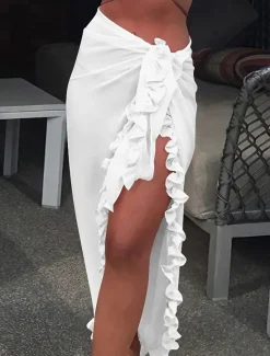 Discount Women's Swimwear Cover Up Swim Shorts wrap Swimsuit Ruffle Sexy Holiday Plain Pure Color Sleeveless Bathing Suits Women Cover Up