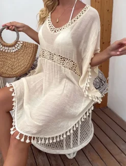 Women's Swimwear Cover Up Swim Dress Swimsuit Fringe Vacation Beach Wear Solid Color V Neck Short Sleeves Bathing Suits Women Cover Up