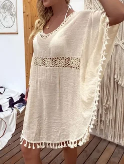 Women's Swimwear Cover Up Swim Dress Swimsuit Fringe Vacation Beach Wear Solid Color V Neck Short Sleeves Bathing Suits Women Cover Up