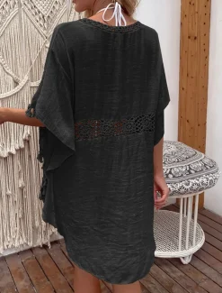 Women's Swimwear Cover Up Swim Dress Swimsuit Fringe Vacation Beach Wear Solid Color V Neck Short Sleeves Bathing Suits Women Cover Up