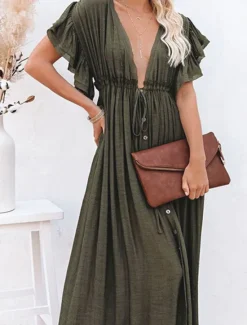 Best Women's Swimwear Cover Up Swim Dress Swimsuit Tie Front Vacation Beach Wear Solid Color V Neck Short Sleeves Bathing Suits Women Cover Up