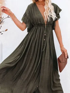 Best Women's Swimwear Cover Up Swim Dress Swimsuit Tie Front Vacation Beach Wear Solid Color V Neck Short Sleeves Bathing Suits Women Cover Up