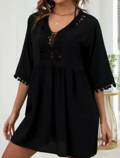 Best Women's Swimwear Cover Up Swim Dress Swimsuit Fringe Vacation Beach Wear Solid Color V Neck Long Sleeve Bathing Suits Women Cover Up