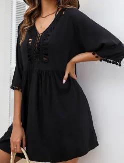 Best Women's Swimwear Cover Up Swim Dress Swimsuit Fringe Vacation Beach Wear Solid Color V Neck Long Sleeve Bathing Suits Women Cover Up