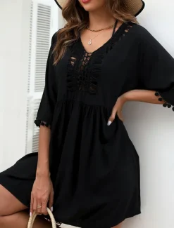 Best Women's Swimwear Cover Up Swim Dress Swimsuit Fringe Vacation Beach Wear Solid Color V Neck Long Sleeve Bathing Suits Women Cover Up