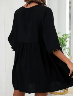 Best Women's Swimwear Cover Up Swim Dress Swimsuit Fringe Vacation Beach Wear Solid Color V Neck Long Sleeve Bathing Suits Women Cover Up