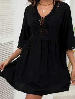 Best Women's Swimwear Cover Up Swim Dress Swimsuit Fringe Vacation Beach Wear Solid Color V Neck Long Sleeve Bathing Suits Women Cover Up