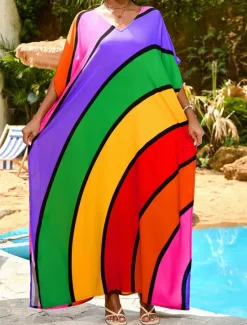Hot Women's Swimwear Cover Up Swim Dress Swimsuit Patchwork Vacation Beach Wear Color Block Round Neck Long Sleeve Bathing Suits Women Colorful Swimwear|Cover Up