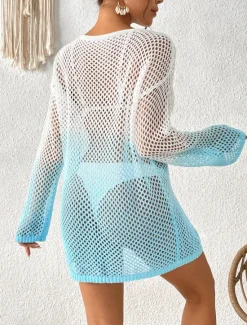Discount Women's Swimwear Cover Up Beach Dresses Swimsuit Cut Out Vacation Beach Wear Ombre Long Sleeve Women Cover Up