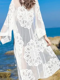 Outlet Women's Swimwear Cover Up Beach Dresses Swimsuit Lace Vacation Beach Wear Solid Color V Neck Long Sleeve Women Cover Up