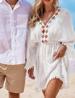 New Women's Swimwear Cover Up Beach Dresses Swimsuit Patchwork Buttons Fringe Vacation Beach Wear Solid Color V Neck Long Sleeve Women Cover Up