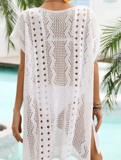 Discount Women's Swimwear Cover Up Beach Dresses Swimsuit Cut Out Vacation Beach Wear Solid Color V Neck Short Sleeves Women Cover Up