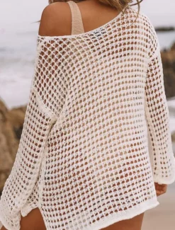 Discount Women's Swimwear Cover Up Beach Dresses Swimsuit Lace Cut Out Vacation Beach Wear Plain Long Sleeve Women Cover Up