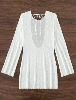 Women's Swimwear Cover Up Swim Dress Swimsuit See Through UV Protection Vacation Beach Wear Solid Color Round Neck Long Sleeve Bathing Suits Women Cover Up