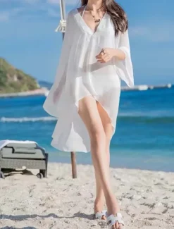 Best Women's Swimwear Cover Up Beach Dresses Swimsuit Vacation Fashion Solid Color Long Sleeve Women Cover Up