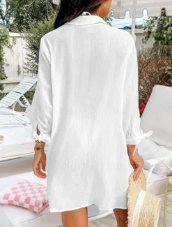 Online Women's Swimwear Cover Up Swim Dress Swimsuit Buttons Pocket Vacation Beach Wear Solid Color V Neck Long Sleeve Bathing Suits Women Cover Up