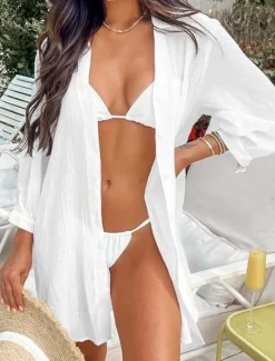 Online Women's Swimwear Cover Up Swim Dress Swimsuit Buttons Pocket Vacation Beach Wear Solid Color V Neck Long Sleeve Bathing Suits Women Cover Up