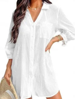 Online Women's Swimwear Cover Up Swim Dress Swimsuit Buttons Pocket Vacation Beach Wear Solid Color V Neck Long Sleeve Bathing Suits Women Cover Up