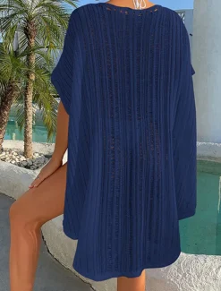 Discount Women's Swimwear Cover Up Beach Dress Normal Swimsuit UV Protection Modest Swimwear Lace up Knit Pure Color Black Dusty Blue Beige V Wire Bathing Suits New Vacationy / Modern Women Cover Up