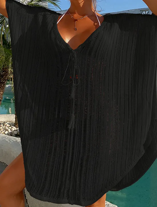 Discount Women's Swimwear Cover Up Beach Dress Normal Swimsuit UV Protection Modest Swimwear Lace up Knit Pure Color Black Dusty Blue Beige V Wire Bathing Suits New Vacationy / Modern Women Cover Up