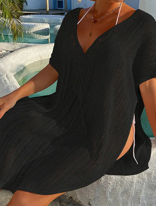 Discount Women's Swimwear Cover Up Beach Dress Normal Swimsuit UV Protection Modest Swimwear Lace up Knit Pure Color Black Dusty Blue Beige V Wire Bathing Suits New Vacationy / Modern Women Cover Up