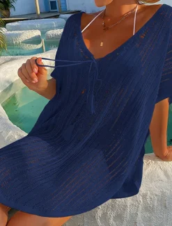Discount Women's Swimwear Cover Up Beach Dress Normal Swimsuit UV Protection Modest Swimwear Lace up Knit Pure Color Black Dusty Blue Beige V Wire Bathing Suits New Vacationy / Modern Women Cover Up