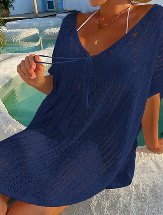 Discount Women's Swimwear Cover Up Beach Dress Normal Swimsuit UV Protection Modest Swimwear Lace up Knit Pure Color Black Dusty Blue Beige V Wire Bathing Suits New Vacationy / Modern Women Cover Up