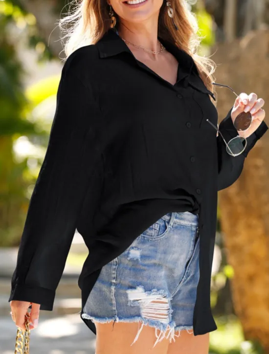 Women's Swimwear Cover Up Swim Dress Swimsuit Buttons Vacation Beach Wear Solid Color V Neck Long Sleeve Bathing Suits Women Cover Up