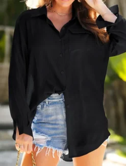 Women's Swimwear Cover Up Swim Dress Swimsuit Buttons Vacation Beach Wear Solid Color V Neck Long Sleeve Bathing Suits Women Cover Up