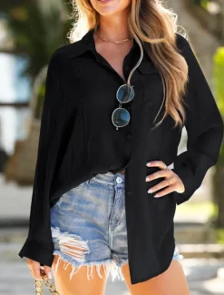 Women's Swimwear Cover Up Swim Dress Swimsuit Buttons Vacation Beach Wear Solid Color V Neck Long Sleeve Bathing Suits Women Cover Up