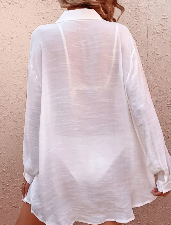 Women's Swimwear Cover Up Swim Dress Swimsuit Buttons Vacation Beach Wear Solid Color V Neck Long Sleeve Bathing Suits Women Cover Up