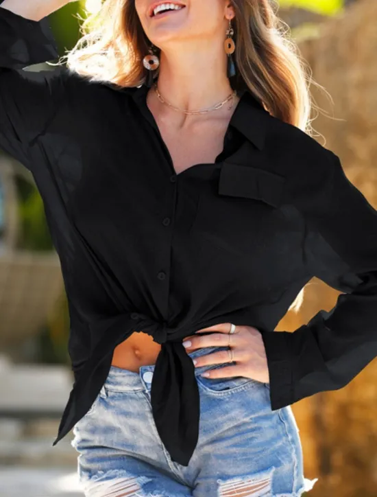 Women's Swimwear Cover Up Swim Dress Swimsuit Buttons Vacation Beach Wear Solid Color V Neck Long Sleeve Bathing Suits Women Cover Up