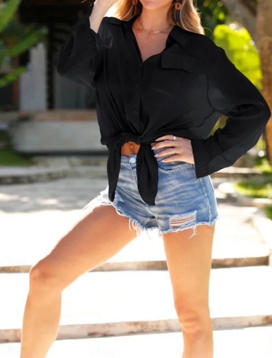 Women's Swimwear Cover Up Swim Dress Swimsuit Buttons Vacation Beach Wear Solid Color V Neck Long Sleeve Bathing Suits Women Cover Up