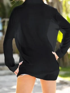 Women's Swimwear Cover Up Swim Dress Swimsuit Buttons Vacation Beach Wear Solid Color V Neck Long Sleeve Bathing Suits Women Cover Up