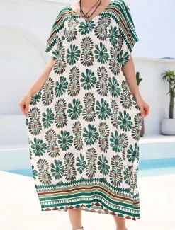 Women's Swimwear Cover Up Swimsuit UV Protection Vacation Beach Wear Graphic V Neck Short Sleeves Bathing Suits Women Cover Up