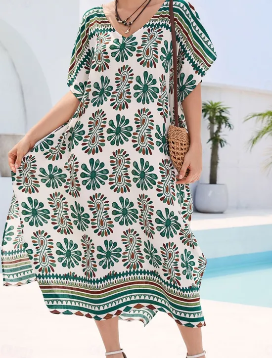Women's Swimwear Cover Up Swimsuit UV Protection Vacation Beach Wear Graphic V Neck Short Sleeves Bathing Suits Women Cover Up