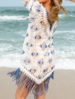 Clearance Women's Swimwear Cover Up Beach Dresses Swimsuit Knitted Fringe Vacation Beach Wear Graphic V Neck Short Sleeves Women Cover Up