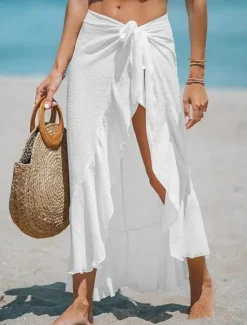 Discount Women's Swimwear Cover Up wrap Swimsuit Ruffle Vacation Beach Wear Solid Color Sleeveless Bathing Suits Women Cover Up