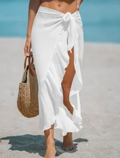 Discount Women's Swimwear Cover Up wrap Swimsuit Ruffle Vacation Beach Wear Solid Color Sleeveless Bathing Suits Women Cover Up
