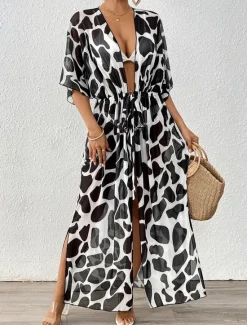 Sale Women's Swimwear Cover Up Swim Dress Swimsuit Tie Front Vacation Beach Wear Graphic Short Sleeves Bathing Suits Women Leopard Swimwear|Cover Up