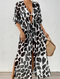 Sale Women's Swimwear Cover Up Swim Dress Swimsuit Tie Front Vacation Beach Wear Graphic Short Sleeves Bathing Suits Women Leopard Swimwear|Cover Up
